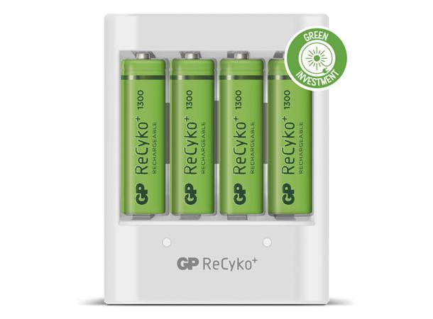 GP USB-lader, U411, AA/AAA nkl. 4 stk. ReCyko 1300 mAh AA-batteri